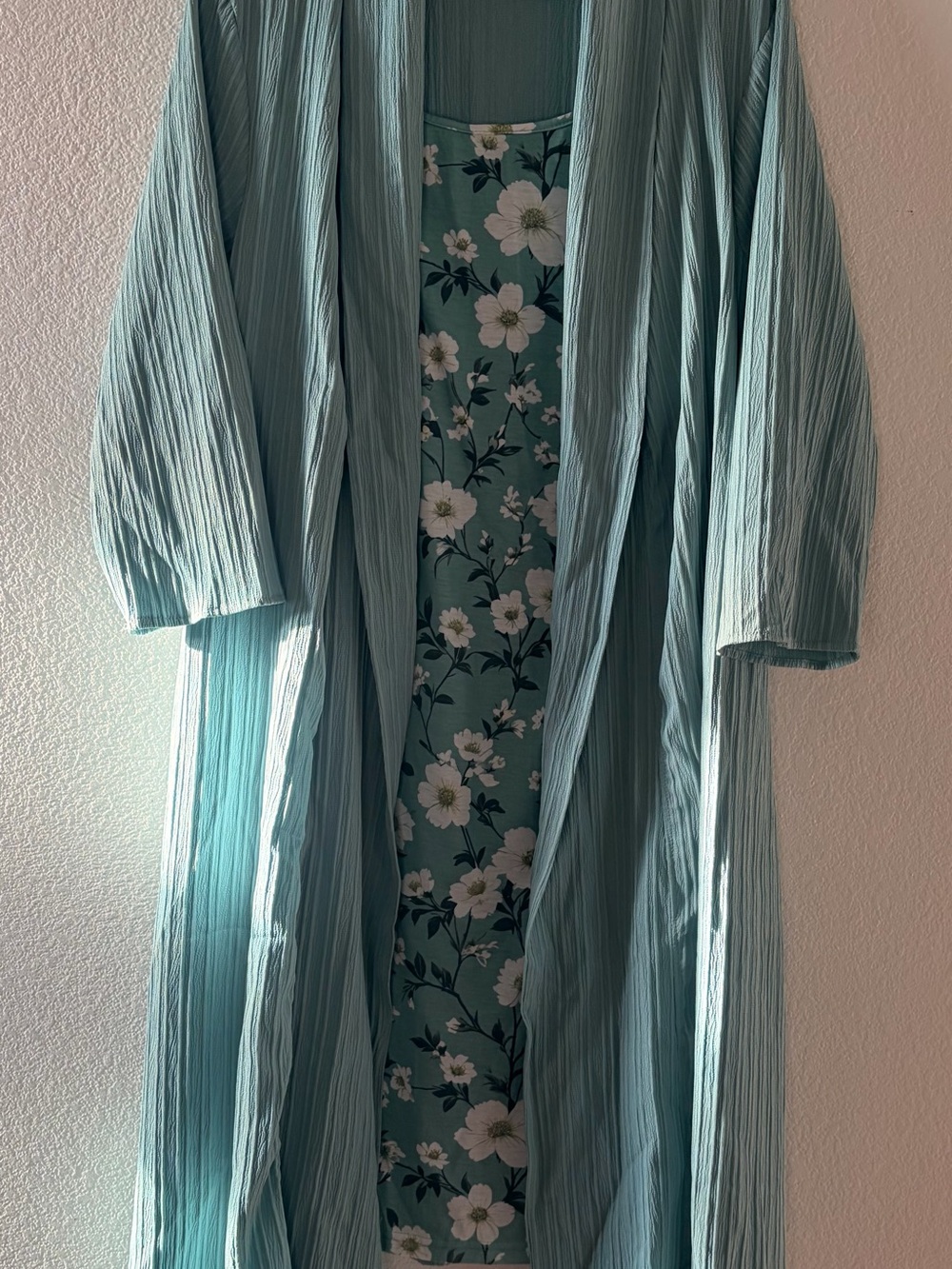 Light sage Floral One Piece Dress with Built in Ribbed Cardigan - Women